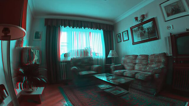 Distorted retro living room with anaglyph 3D effect, evoking nostalgia and analog horror. Vintage aesthetics, surrealism, psychological unease, liminal space, dreamlike atmosphere.