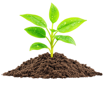 vibrant green plant emerging from rich soil, symbolizing growth and renewal. leaves are fresh and glistening with water droplets, showcasing nature beauty