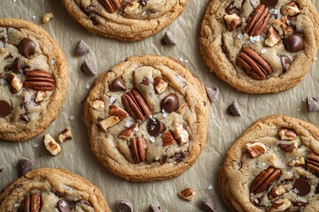 Cookies with chocolate and pecan nuts on a white background, top view