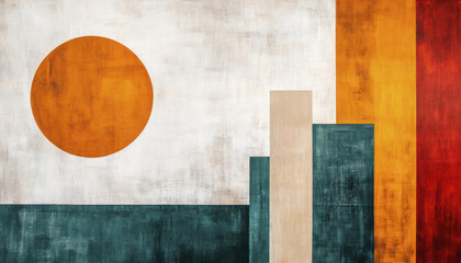Mid century modern painting featuring bold colors and geometric shapes, including large orange circle and layered rectangles in various hues, creating striking visual impact