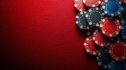 deep red felt casino table texture with unmarked multi-colored poker chips at the bottom of the image, top down view