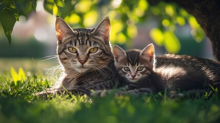 Fototapeta premium cute little orange cat and an adorable white kitten play together on grass