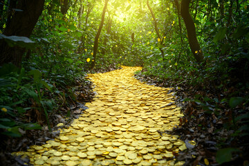 A magical golden coin trail leading deep into a mystical forest, suggesting hidden treasures.