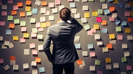 A young man in a business suit stands with his back to a wall hung with colorful stickers with uncompleted tasks.