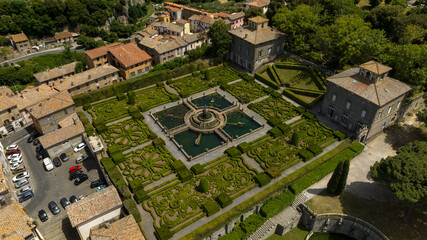 Aerial view of Villa Lante, one of the most famous Italian Mannerist surprise gardens. It is...
