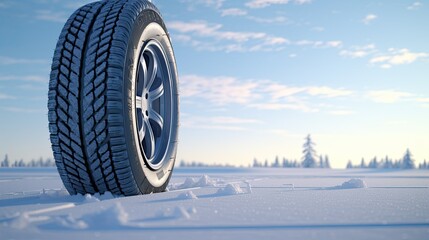 Close-up shot of a car wheel with a winter tire on a snowy road.
