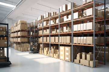 Obraz premium A large and orderly warehouse with high shelves filled with boxes. The floor is marked with yellow lines for safety and organization. Boxes are neatly stacked on shelves, some with labels.