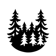 Monochrome silhouette of a forest scene, depicting trees in varying sizes, creating a layered aesthetic against a stark white background.