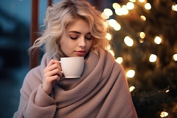 A woman wrapped in a cozy blanket enjoys a warm beverage outdoors, with twinkling lights in the background.