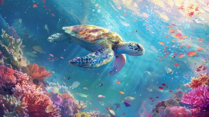 Vibrant Underwater Paradise: A Sea Turtle's Journey