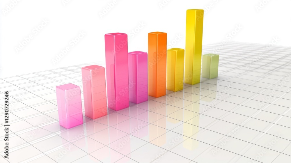 Poster d bar graph with gradient color bars emerging from a base grid, with subtle shadows and reflections 