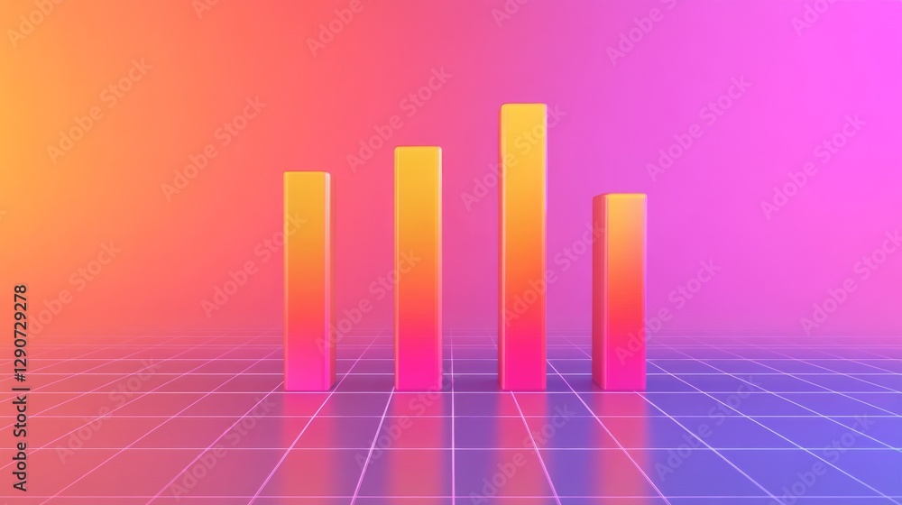 Poster d bar graph with gradient color bars emerging from a base grid, with subtle shadows and reflections 