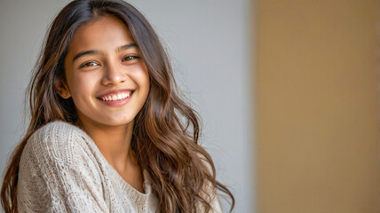 Naklejka premium A face of a Girl in Happy mood, female, woman, lady, joyful, cheerful, satisfied, laughing, pretty, attractive, beautiful, successful, and single.