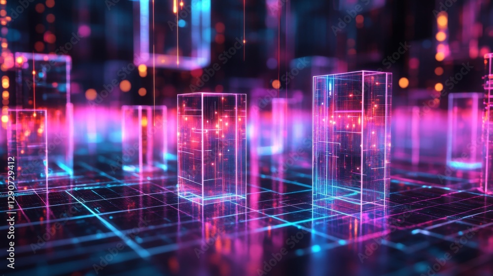 Poster d bar graph with transparent bars on a digital grid, glowing neon lines on the base, creating a high