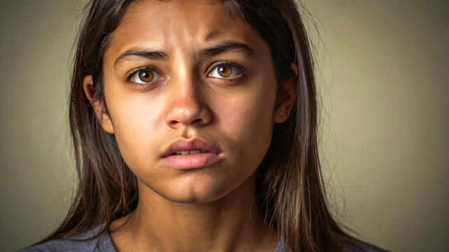 A face of a Girl in depression mood, female, woman, lady, sorrow, sad, pain, ill, unhealthy, sick, fear expression.