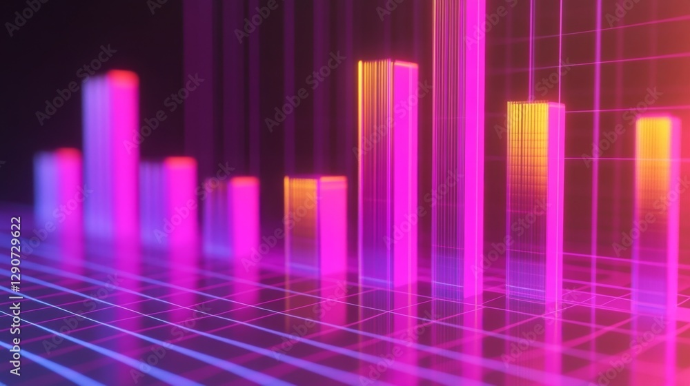 Poster abstract d bar graph with transparent bars in vibrant hues, rising from a grid plane, representing d