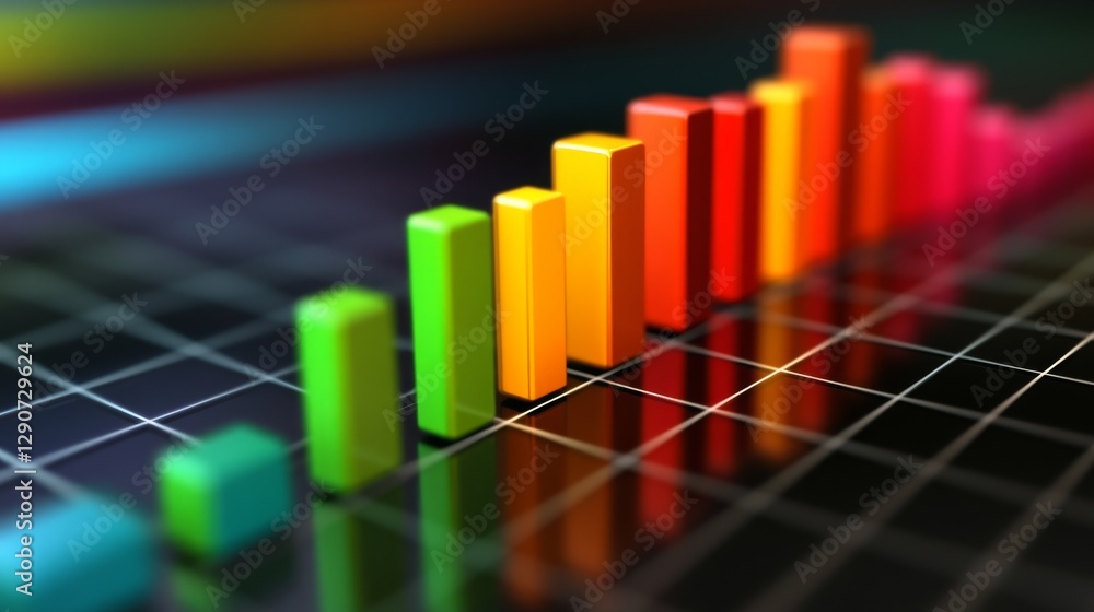 Poster d bar graph with gradient color bars emerging from a base grid, with subtle shadows and reflections 