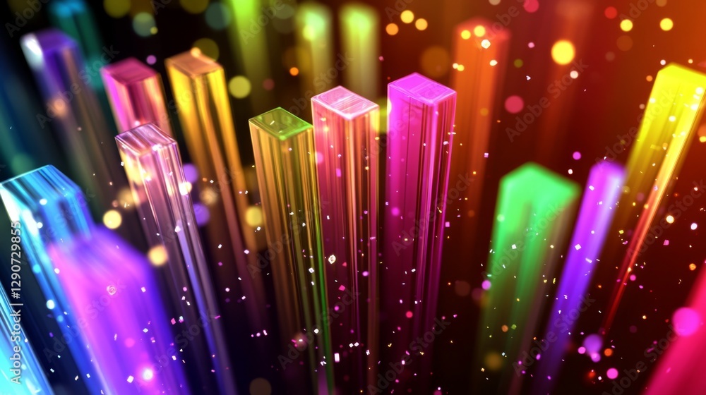 Aufkleber Abstract D bar graph with transparent bars in vibrant hues, rising from a grid plane, representing data visualization in a futuristic style