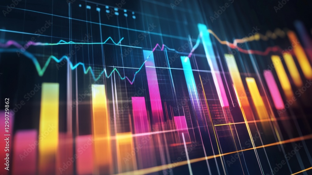 Poster abstract d graph with bars and lines emerging from a grid, each section in bright, contrasting color