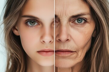 A split image showing a young woman and an older woman with similar features.
