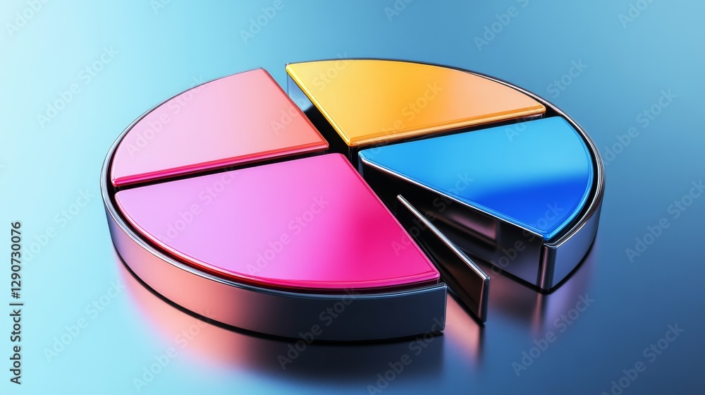 Poster abstract d pie chart with metallic finishes on each slice, arranged on a reflective surface, creatin