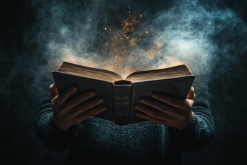 close-up image of a hands holding an open book with magical glowing particles emanating from the pages. 