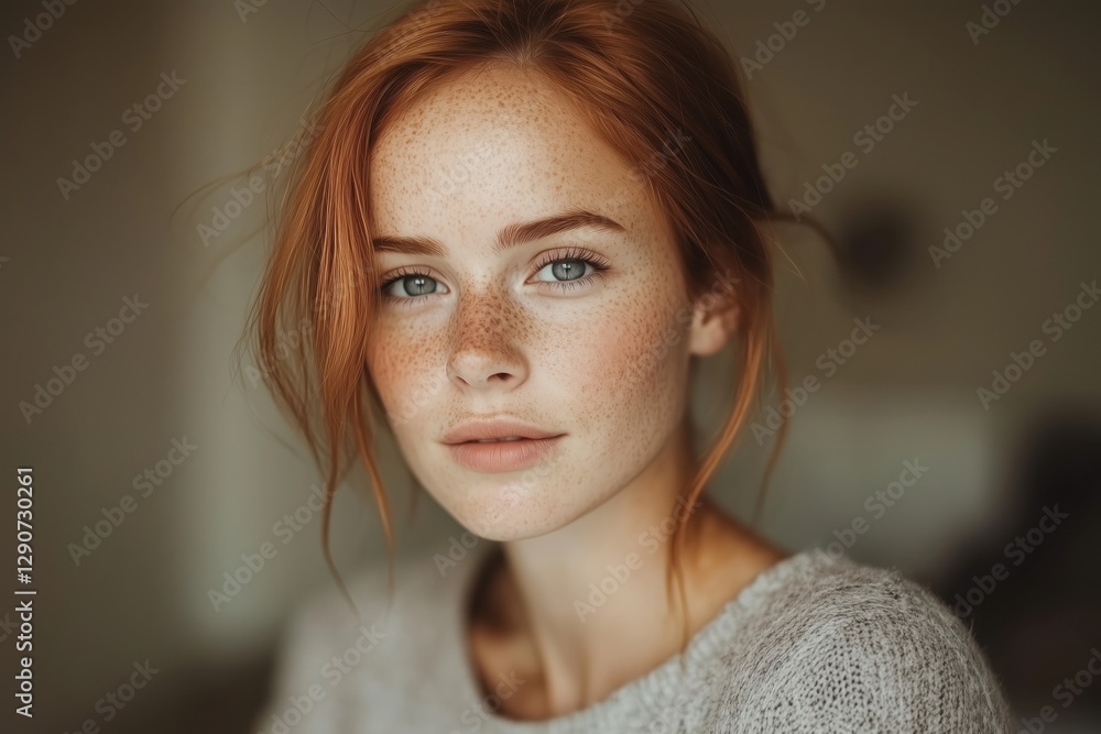 Wall mural A young woman with red hair and freckles, wearing a cozy sweater, looking at the camera.