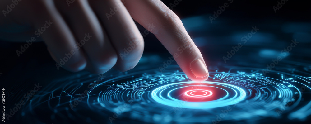 Poster close-up of a hand interacting with a futuristic digital interface.