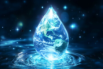Fototapeta premium A captivating vision of Earth held within a glowing water droplet, symbolizing global unity.