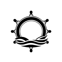 Nautical Emblem with Ship's Wheel and Waves