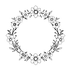 Botanical illustration, monochromatic floral wreath; elegant black ink, natural and intricate design.