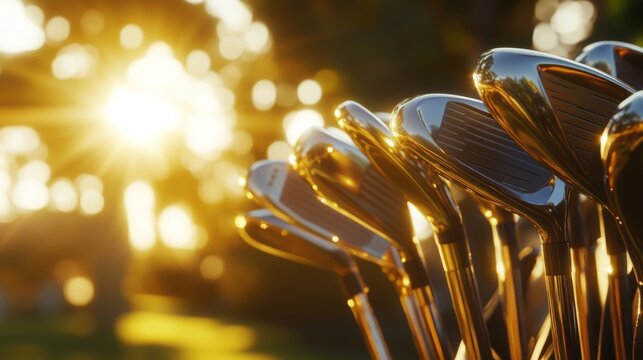 An artistic view of golf clubs arranged neatly in a golf bag, with the sunlight filtering through, highlighting the craftsmanship and elegance of the equipment