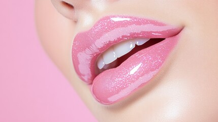 Naklejka premium Closeup of Pink Glittery Lips and Teeth