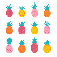 Set of abstract hand drawn pineapples. Exotic fruits.