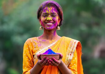 Smiling Indian woman celebrating Holi festival with colorful powder in traditional yellow sari