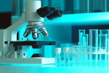 A microscope focusing on laboratory samples, surrounded by test tubes and scientific equipment. The blue lighting highlights the research environment and scientific exploration theme.