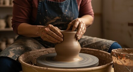 Close-Up Photograph of Skilled Potter Shaping Clay on a Potter's Wheel in an Artisan Studio