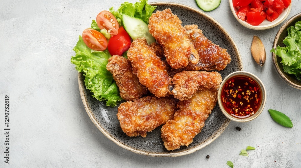 Poster an overhead shot of deep-fried fish fillets arranged neatly on a plate, drizzled with fish sauce and
