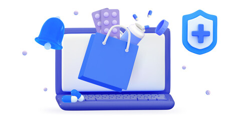 3d online pharmacy Medical drug store online Buy medical pills shopping concept Prescription bottle pad pills