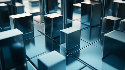 Array of D bars in metallic finishes, each bar casting a shadow on a grid, representing data growth in a professional, corporate look