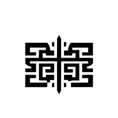 Obraz premium Black and white cross, abstract pattern, orthogonal geometry, minimalist design, geometric abstraction, graphic style, white background.