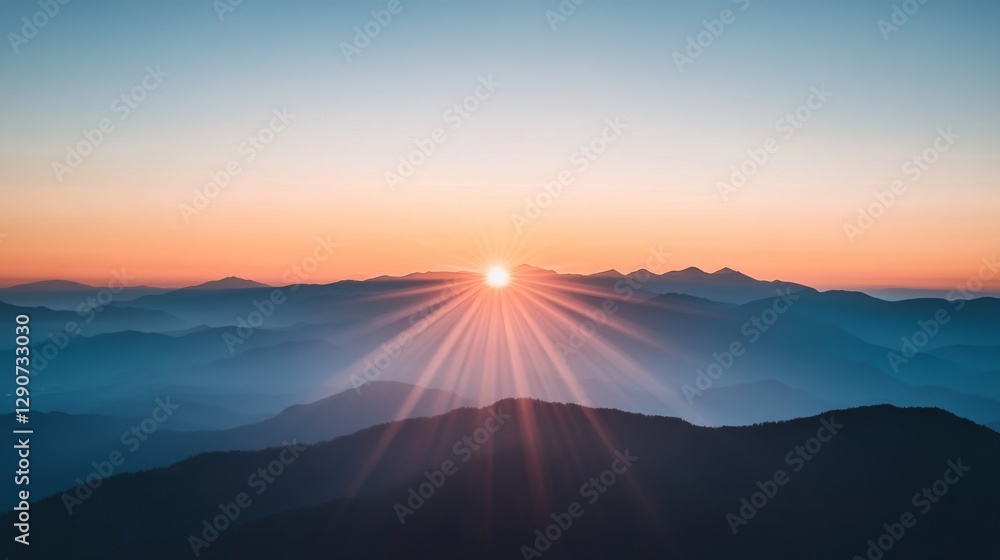 Poster a beautiful sunrise over a mountain landscape viewed from a quiet meditation area, creating a serene