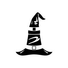 Black and white witch hat design with sharp angles, lightning bolt on top. Witchcraft.