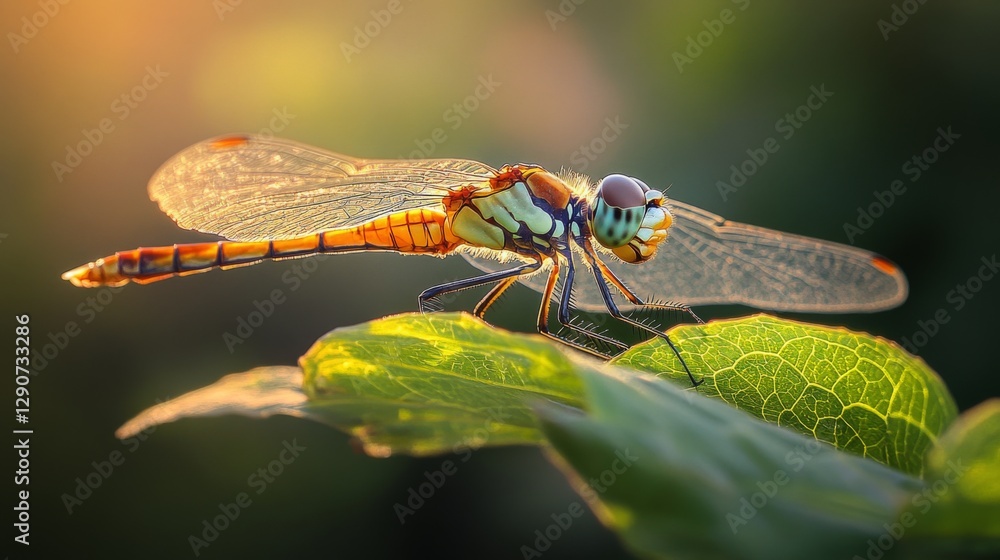 Poster a close-up of a dragonfly perched on a leaf, with sunlight glinting off its wings and the leaf's sur