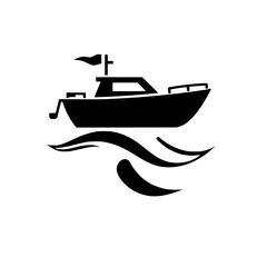 Black and white illustration of a motorboat on water.