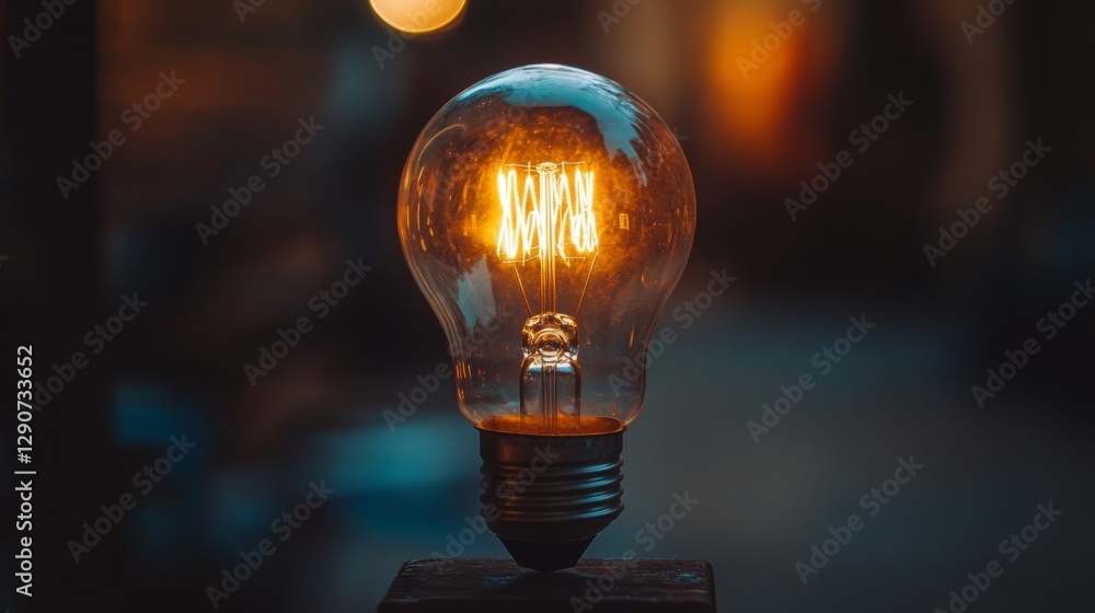 Poster a close-up of a light bulb glowing softly in a dim room, with the filament clearly visible and the w