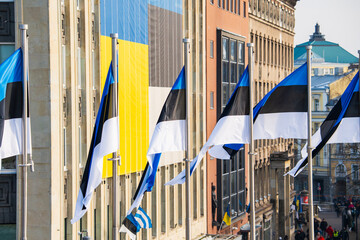 Estonian flags with a Ukrainian flag in the background: a display of solidarity in Tallinn.