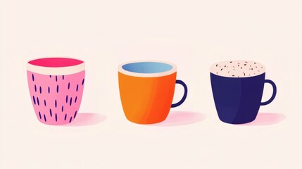 Three colorful cups arranged on a plain background showcasing unique designs and textures perfect for warm beverages