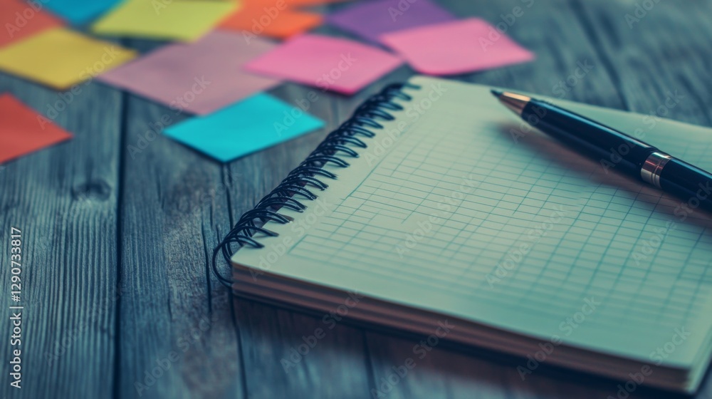 Poster a close-up of a notebook and pen resting on a wooden table, surrounded by colorful sticky notes, sym