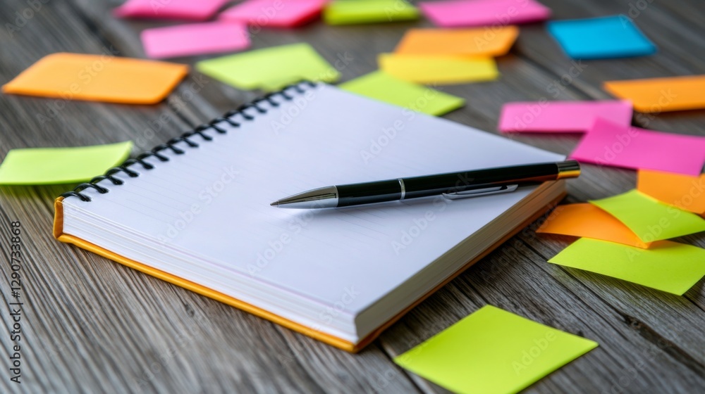 Poster a close-up of a notebook and pen resting on a wooden table, surrounded by colorful sticky notes, sym